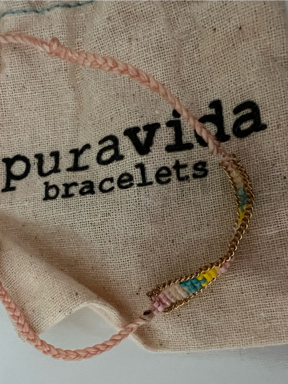 Pura Vida Pink Woven Friendship Bracelet with Gold Chain Accent
